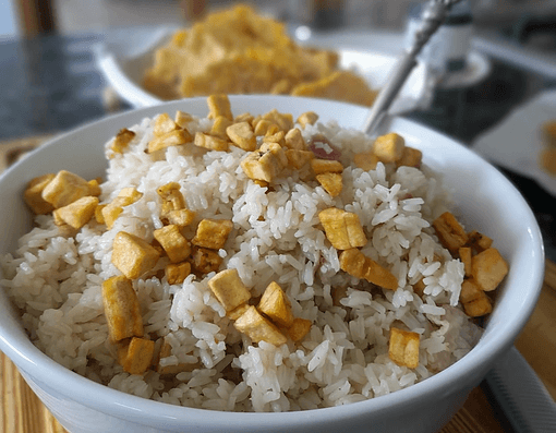 White rice with golden fried plantain cubes