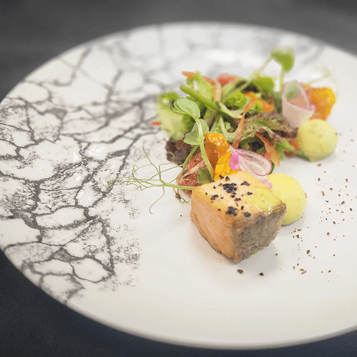 Seared salmon with garden salad and puree