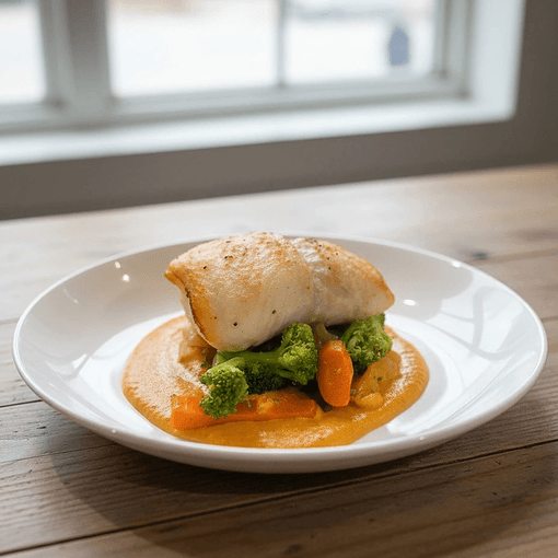 Pan-seared fish with seasonal vegetables and sauce