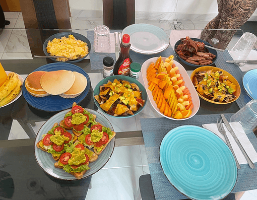 Family-style brunch at the villa dining table
