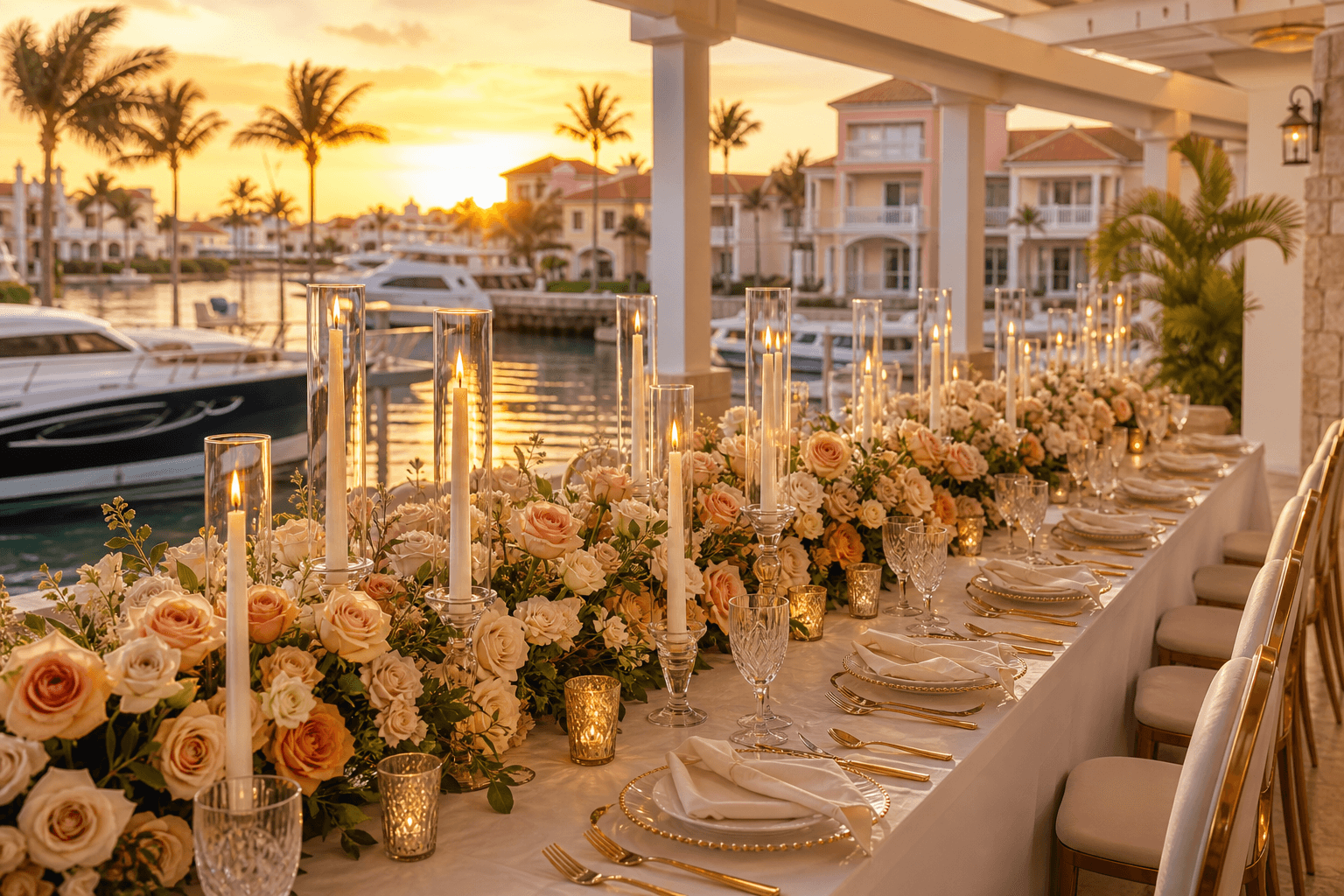 Bespoke waterfront villa dinner styling with florals, candles, and gold tableware