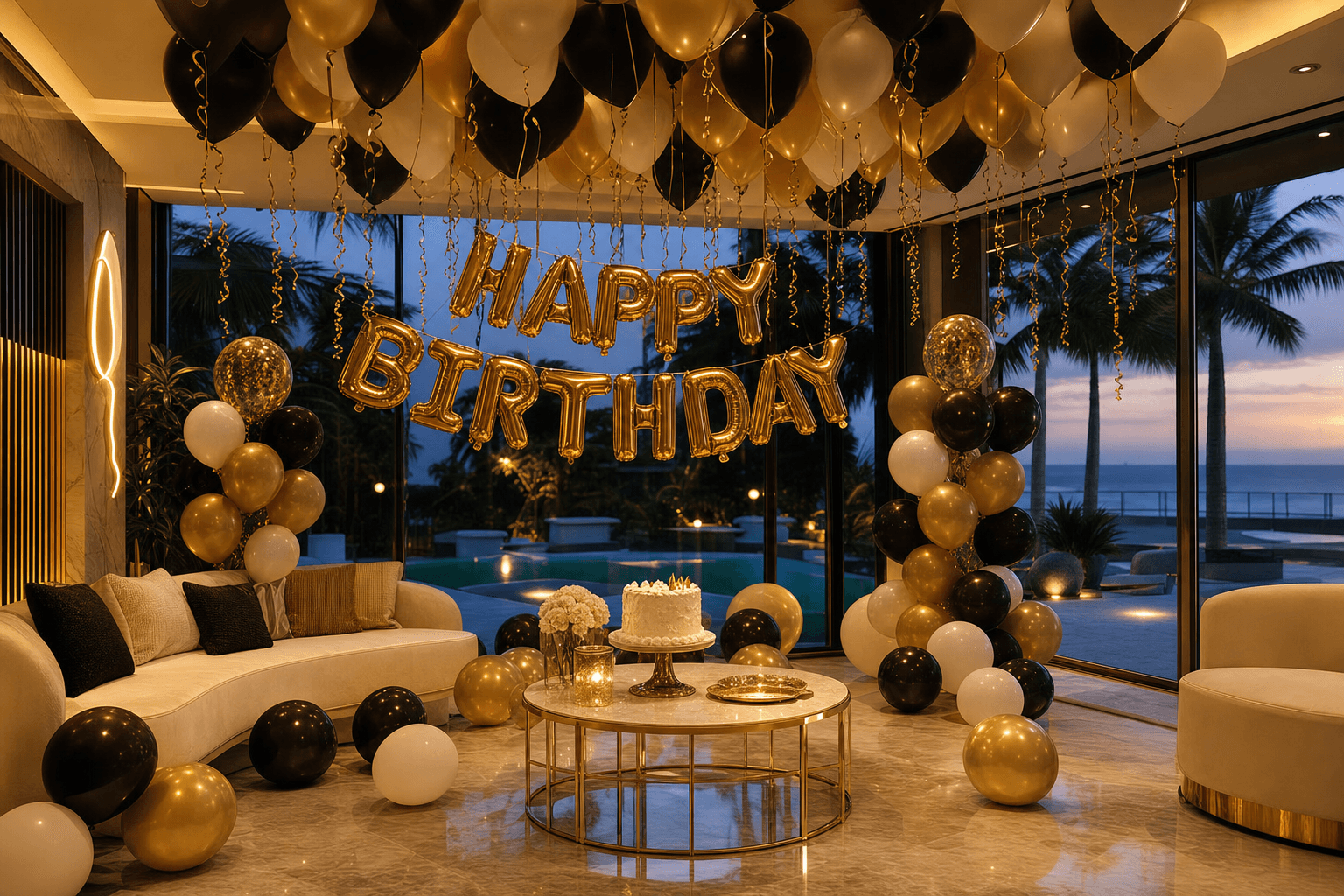 Villa birthday setup with gold Happy Birthday balloons, black and gold balloon décor, and celebration cake