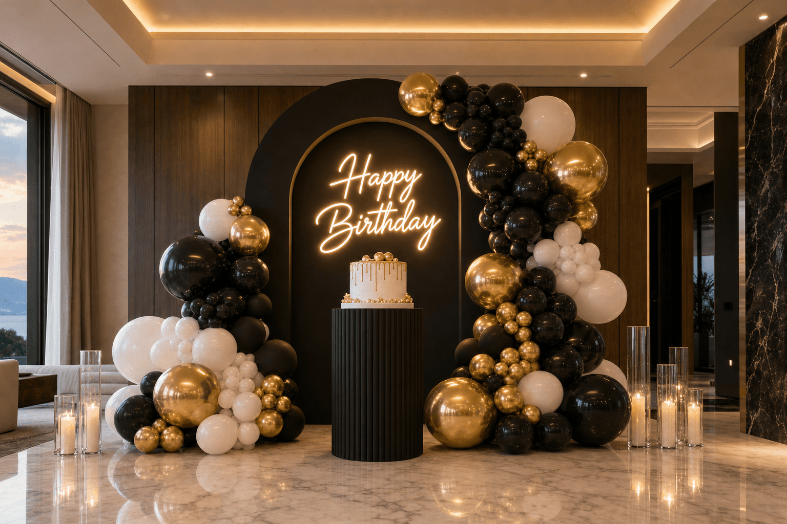 Designer balloon arch with black backdrop, gold and white balloons, neon sign, and cake on a pedestal