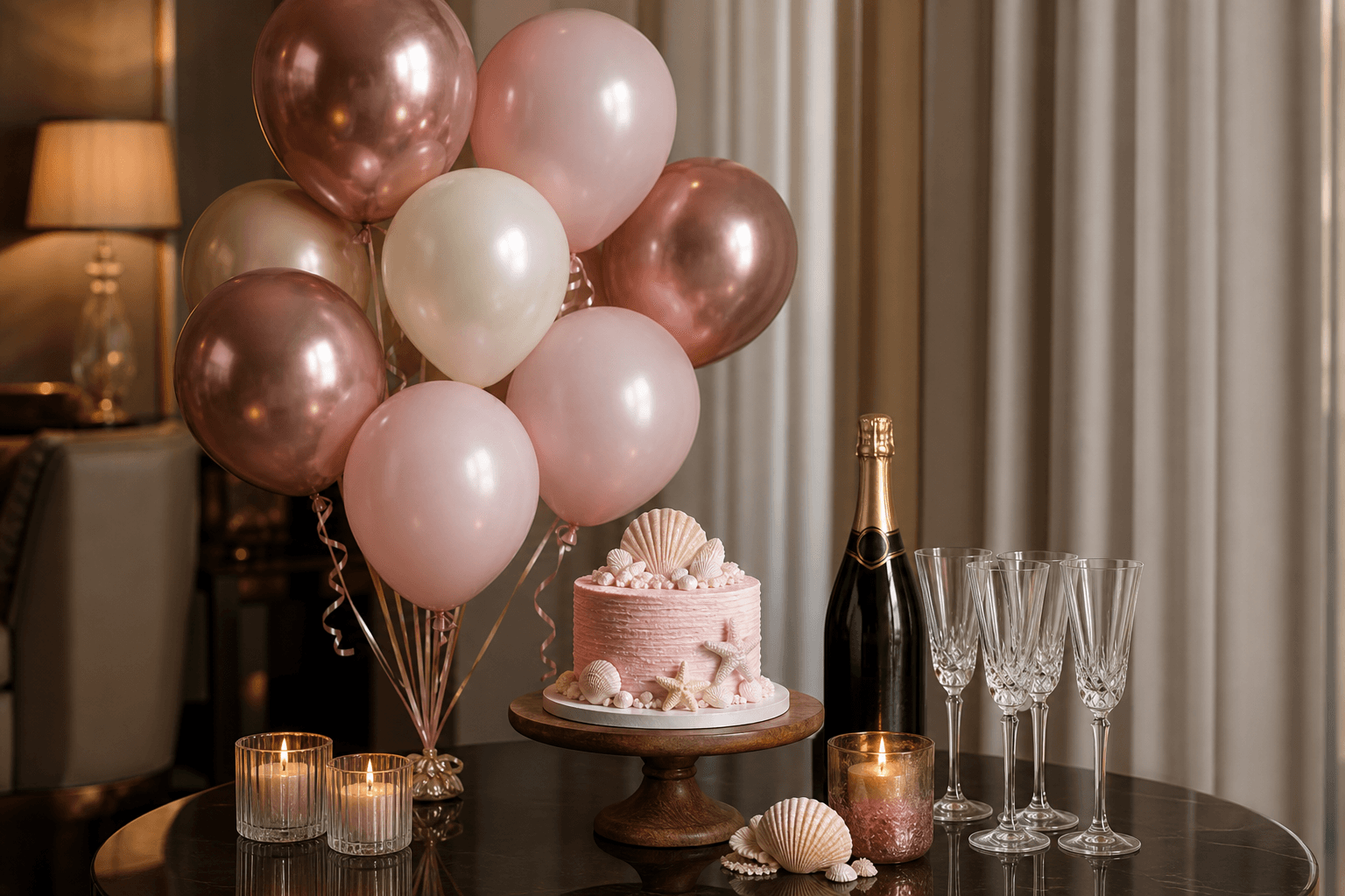 Intimate mini set with blush balloons, small cake, champagne, and candles