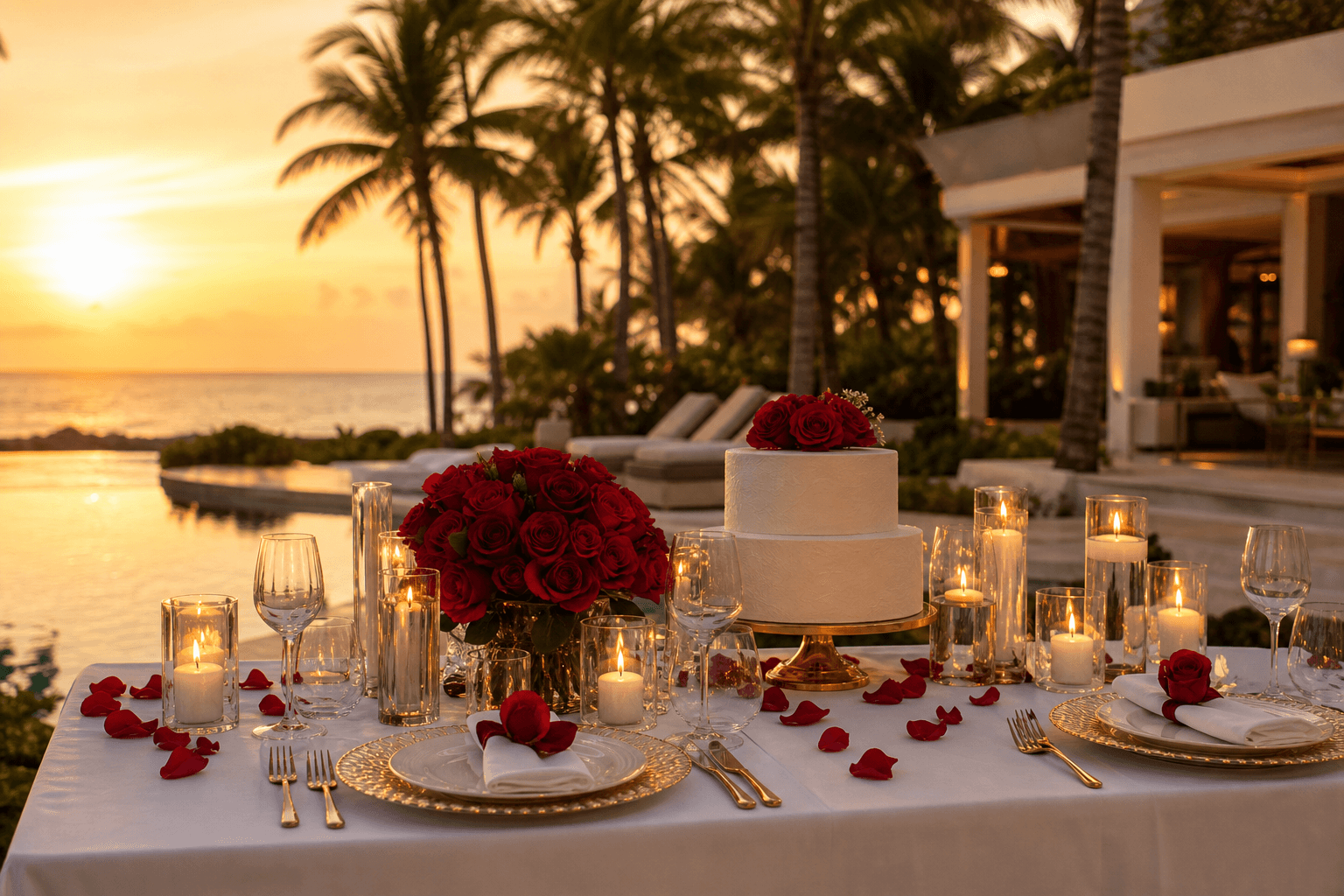 Romantic villa dinner table at sunset with roses, candles, petals, and celebration cake on the beach
