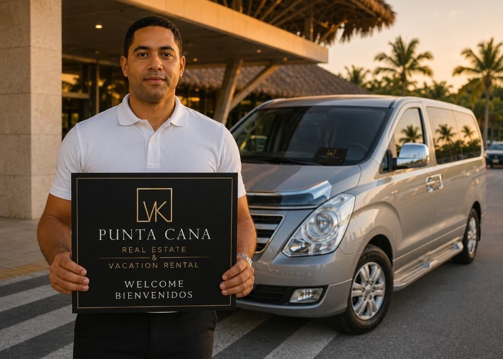 VK Punta Cana meet-and-greet airport transfer with welcome sign at PUJ